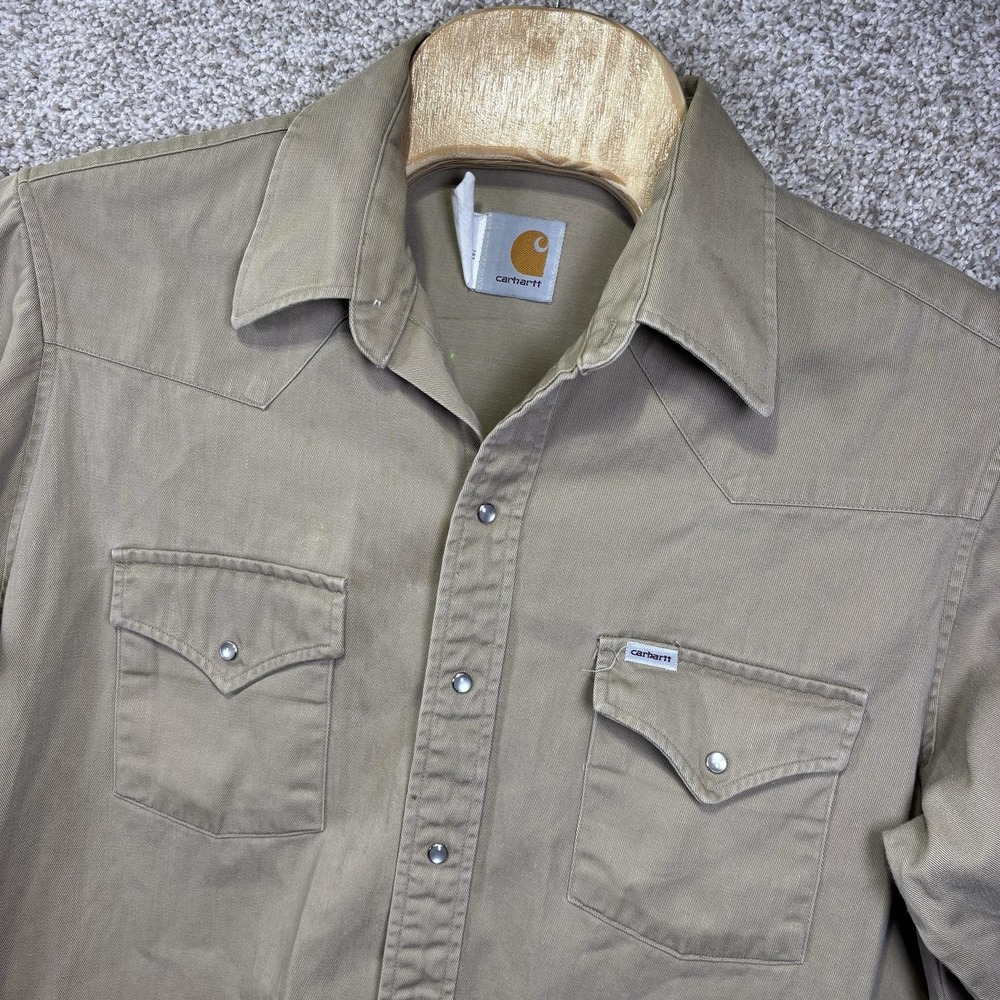 Carhartt Shirt Mens 2XL Beige Twill Long Sleeve Western Pearl Snap USA SU009
